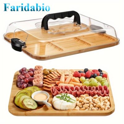Faridabio Elegant Natural Wood Snack Tray with Locking Lid - Rectangular Serving Board with Compartments for Cheeses, Meats, Fruits, Nuts, Crackers | Portable All-in-One Food Display for Picnic, Party, Wedding, Cafe | Durable Bamboo Wood, Design, Stylish Serving Tray & Perfect Gift, Snack Serving Tray, Dip Tray For Food