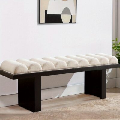 1pc Modern Linen Upholstered Entryway Bench with Channel Tufted Seat - 47" Black Wooden Ottoman Bench for Bedroom & Living Room, Upholstered Bench | Minimalist Design | Soft Cushioned Seat, Bench for Bedroom