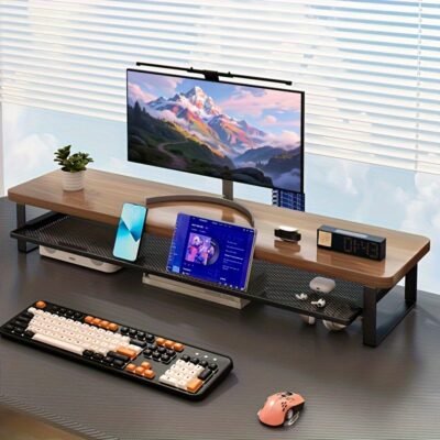 Modern Monitor Riser Stand with Easy-Pull Drawer & Multi-Color Options – 27.56×8.66inch Iron Frame Desktop Organizer, Sleek Minimalist Design for Home Office, Gaming Setup, Durable Metal Construction, Home Office Accessory, Minimalist Desk Accessory, Sturdy Construction