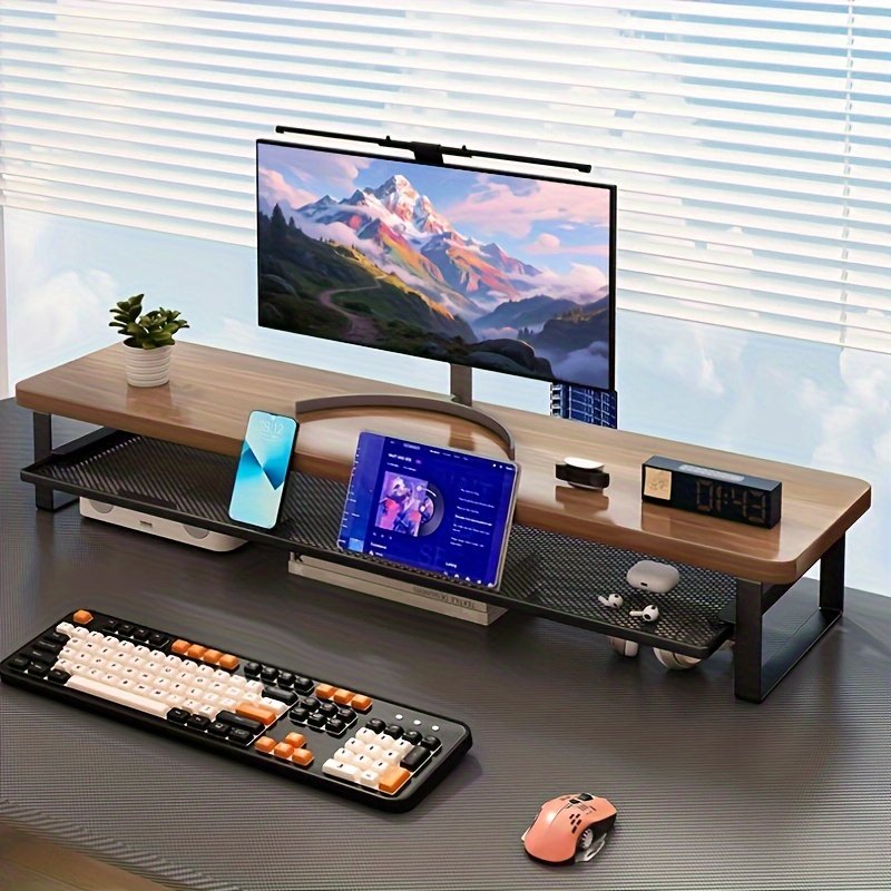 Modern Monitor Riser Stand with Easy-Pull Drawer & Multi-Color Options - 27.56x8.66inch Iron Frame Desktop Organizer, Sleek Minimalist Design for Home Office, Gaming Setup, Durable Metal Construction, Home Office Accessory, Minimalist Desk Accessory, Sturdy Construction
