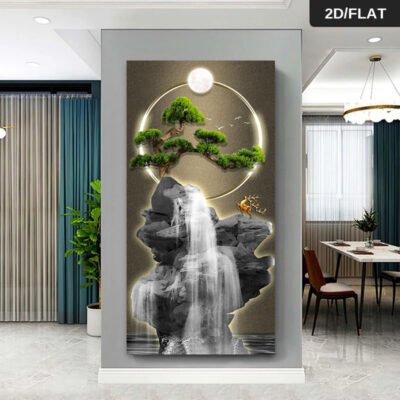 1pc Extra Large Modern Abstract Asian-Inspired Minimalist Wall Art – Frameless Canvas Painting Poster – Large Living Room, Bedroom Decor – Beige, Black, White, Green, Gray – Zen Garden Decor – Easy Hang Adhesive Strips Included – 31.5″x63″ (80x160cm) – Serene Waterfall & Bonsai Tree Design – Tranquil Nature Scene – Flat Panel Ready-to-Hang Wall Decor, 2D Flat, Vintage Wall Art, Wall Art With Frame Included, Wall Art Framed Ready To Hang, Large Canvas Wall Art Framed,