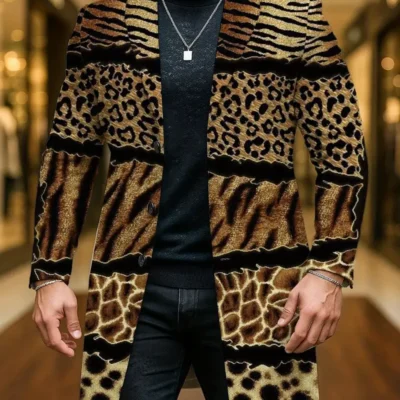 warehouseMen’s Leopard Print Luxury Coat – Elegant Brown/Black/Beige/Gray/White/Blue/Red/ Green/Gray/Black Jacket | All-Season Formal & Everyday Suit Coat | Single-Breasted Collar Long Jacket for Men | Hand Washable Outerwear for Parties, Office, Formal Events | Stylish Animal Print Design with Golden-Toned Brown/Black/Beige Pattern | Relaxed Fit for Casual & Formal Wear, PLUS SIZE