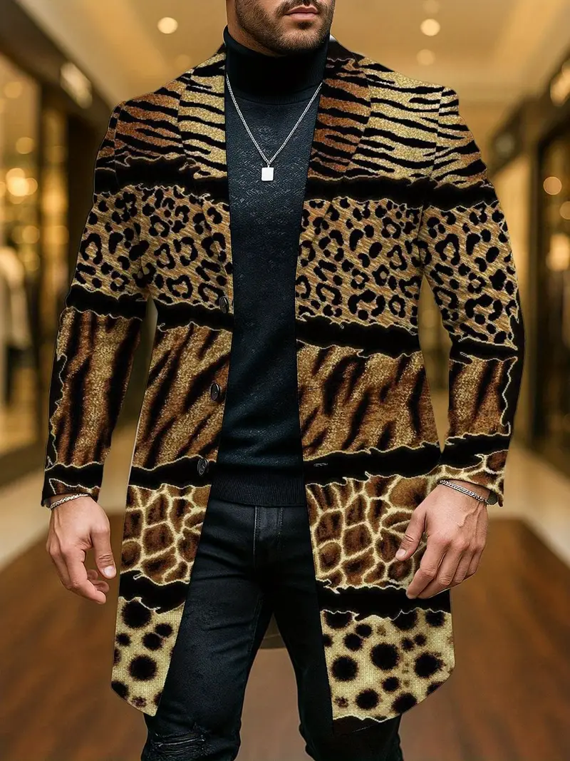 warehouseMen's Leopard Print Luxury Coat - Elegant Brown/Black/Beige/Gray/White/Blue/Red/ Green/Gray/Black Jacket | All-Season Formal & Everyday Suit Coat | Single-Breasted Collar Long Jacket for Men | Hand Washable Outerwear for Parties, Office, Formal Events | Stylish Animal Print Design with Golden-Toned Brown/Black/Beige Pattern | Relaxed Fit for Casual & Formal Wear, PLUS SIZE