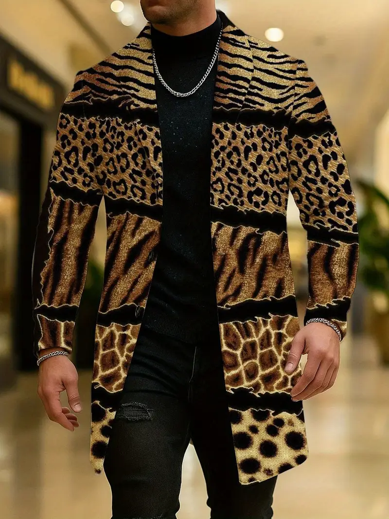 warehouseMen's Leopard Print Luxury Coat - Elegant Brown/Black/Beige/Gray/White/Blue/Red/ Green/Gray/Black Jacket | All-Season Formal & Everyday Suit Coat | Single-Breasted Collar Long Jacket for Men | Hand Washable Outerwear for Parties, Office, Formal Events | Stylish Animal Print Design with Golden-Toned Brown/Black/Beige Pattern | Relaxed Fit for Casual & Formal Wear, PLUS SIZE - Image 3