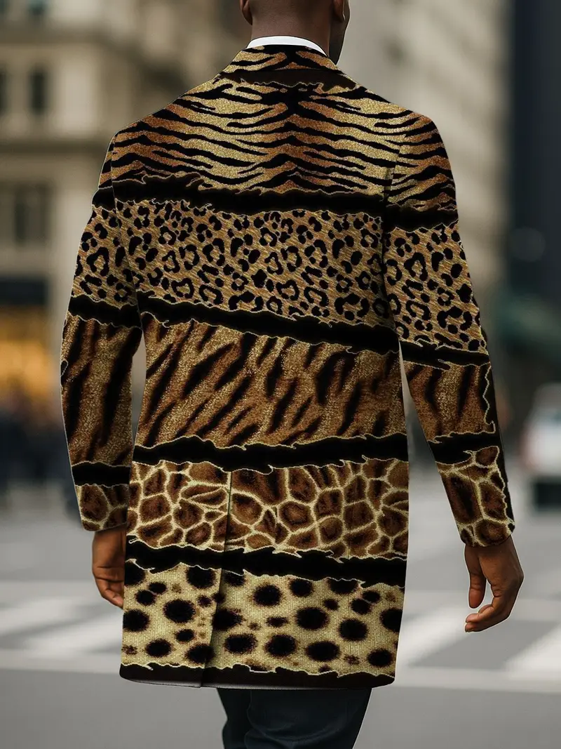 warehouseMen's Leopard Print Luxury Coat - Elegant Brown/Black/Beige/Gray/White/Blue/Red/ Green/Gray/Black Jacket | All-Season Formal & Everyday Suit Coat | Single-Breasted Collar Long Jacket for Men | Hand Washable Outerwear for Parties, Office, Formal Events | Stylish Animal Print Design with Golden-Toned Brown/Black/Beige Pattern | Relaxed Fit for Casual & Formal Wear, PLUS SIZE - Image 2