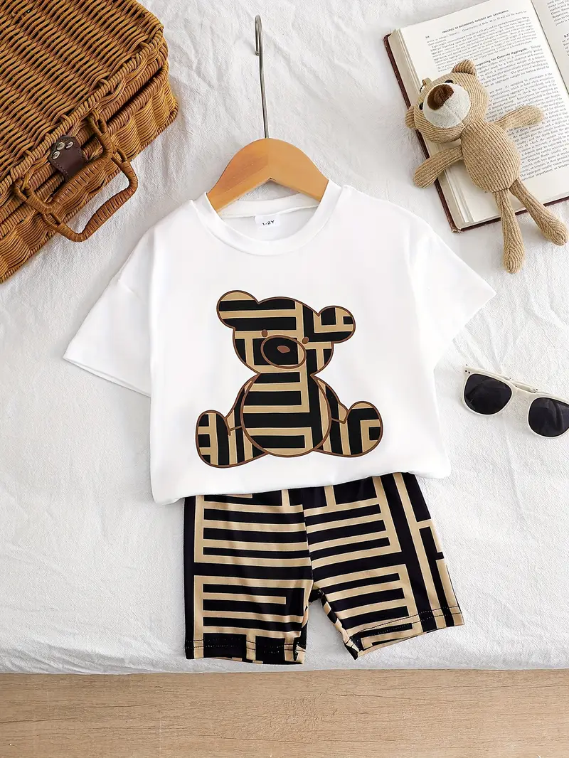 1-6 Years Girls' Casual Street Fashion Bear Pattern T-Shirt and Geometric Print Shorts 2pcs Set, Soft Polyester Medium Stretch Fabric for Spring/Summer - Image 3