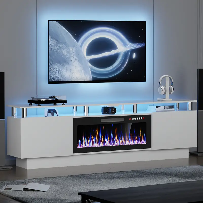 80 Inch Modern LED Entertainment Center with 36" Electric Fireplace - Hardwood & Metal TV Stand for TVs Up to 90", High-Gloss Storage Cabinet with Light Strip, Remote Control Fireplace, Adjustable Shelves & Assembly Required, Living Room Furniture