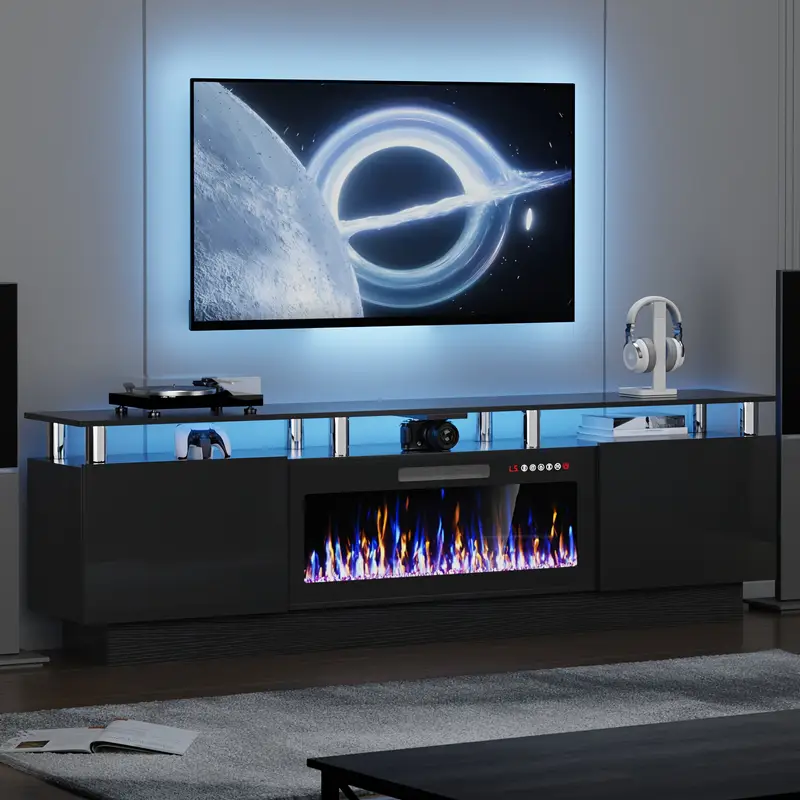 80 Inch Modern LED Entertainment Center with 36" Electric Fireplace - Hardwood & Metal TV Stand for TVs Up to 90", High-Gloss Storage Cabinet with Light Strip, Remote Control Fireplace, Adjustable Shelves & Assembly Required, Living Room Furniture - Image 7