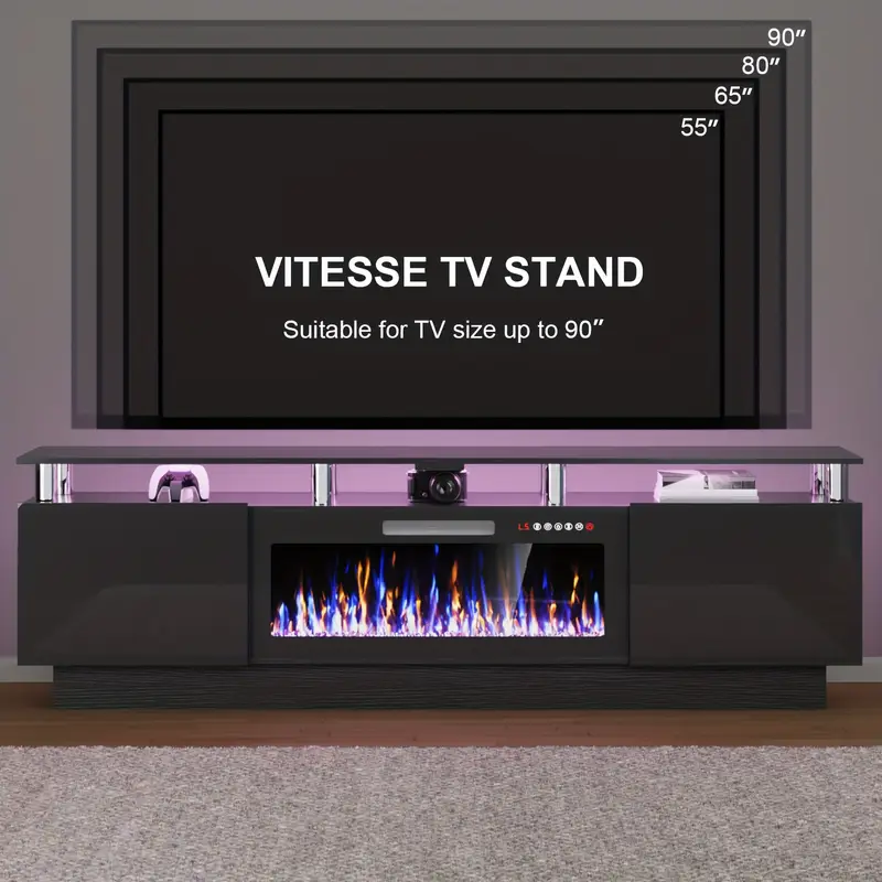 80 Inch Modern LED Entertainment Center with 36" Electric Fireplace - Hardwood & Metal TV Stand for TVs Up to 90", High-Gloss Storage Cabinet with Light Strip, Remote Control Fireplace, Adjustable Shelves & Assembly Required, Living Room Furniture - Image 6