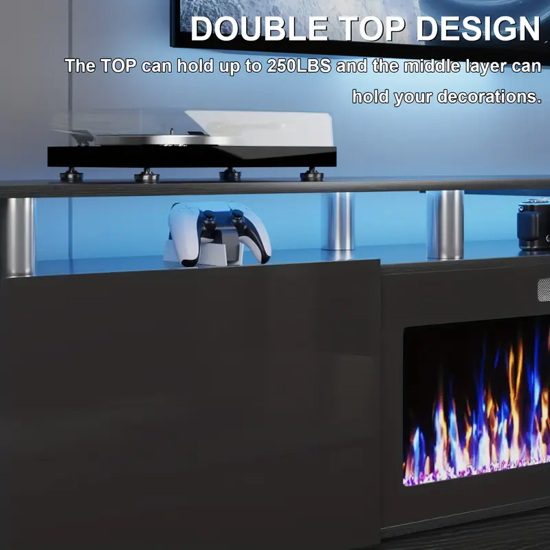 80 Inch Modern LED Entertainment Center with 36" Electric Fireplace - Hardwood & Metal TV Stand for TVs Up to 90", High-Gloss Storage Cabinet with Light Strip, Remote Control Fireplace, Adjustable Shelves & Assembly Required, Living Room Furniture - Image 5