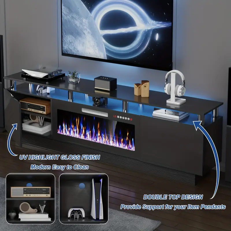 80 Inch Modern LED Entertainment Center with 36" Electric Fireplace - Hardwood & Metal TV Stand for TVs Up to 90", High-Gloss Storage Cabinet with Light Strip, Remote Control Fireplace, Adjustable Shelves & Assembly Required, Living Room Furniture - Image 4
