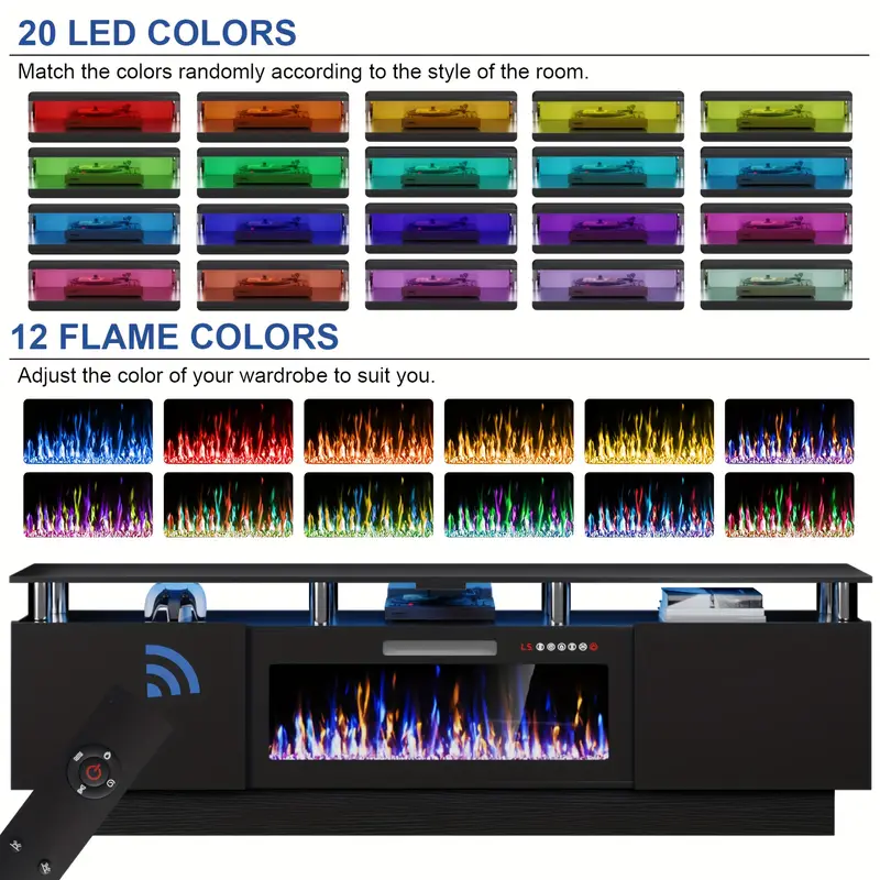 80 Inch Modern LED Entertainment Center with 36" Electric Fireplace - Hardwood & Metal TV Stand for TVs Up to 90", High-Gloss Storage Cabinet with Light Strip, Remote Control Fireplace, Adjustable Shelves & Assembly Required, Living Room Furniture - Image 3