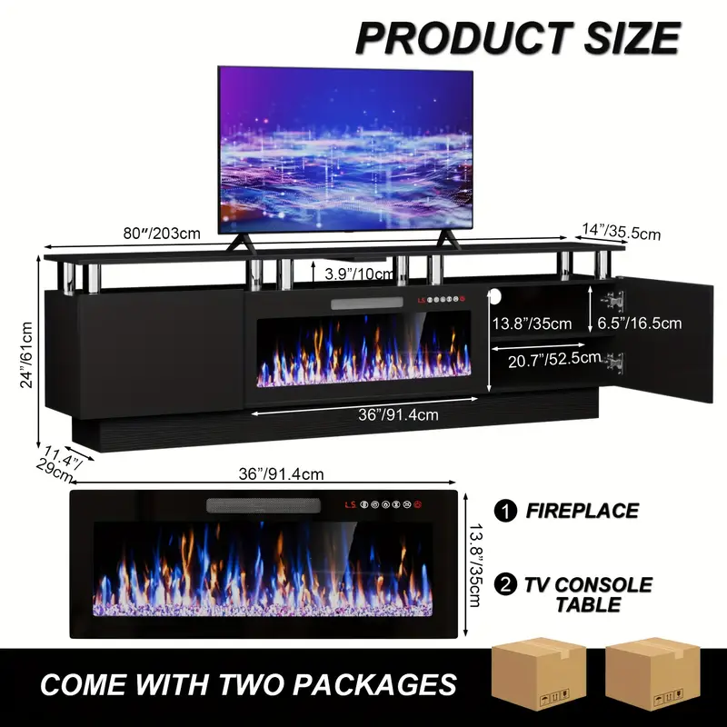80 Inch Modern LED Entertainment Center with 36" Electric Fireplace - Hardwood & Metal TV Stand for TVs Up to 90", High-Gloss Storage Cabinet with Light Strip, Remote Control Fireplace, Adjustable Shelves & Assembly Required, Living Room Furniture - Image 2