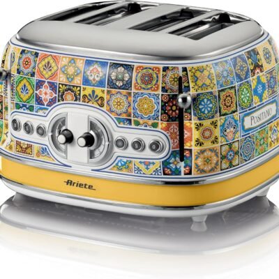 Sheemy’s Ariete 156 Positano Toaster, 1630W, 4 Slices, 6 Levels of Gilding, Crumb Tray, Defrost Function, Automatic Ejection, Without Tongs