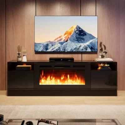 70″ Fireplace TV Stand With 36″ Electric Fireplace, LED Light Entertainment Center & Storage Cabinet For TVs Up To 80″, Black