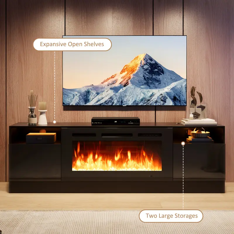 70" Fireplace TV Stand With 36" Electric Fireplace, LED Light Entertainment Center & Storage Cabinet For TVs Up To 80", Black - Image 4