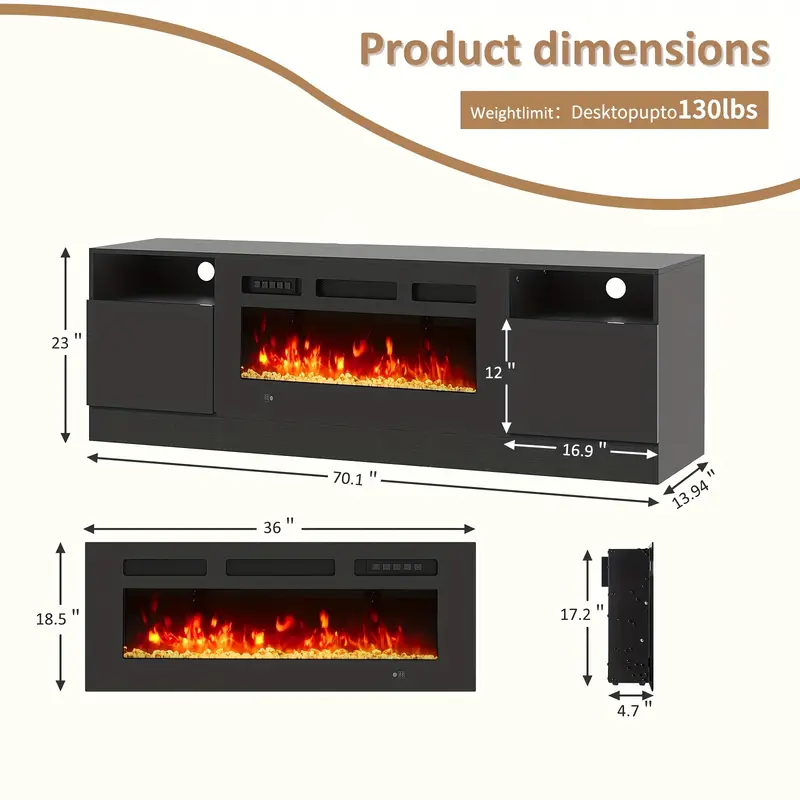 70" Fireplace TV Stand With 36" Electric Fireplace, LED Light Entertainment Center & Storage Cabinet For TVs Up To 80", Black - Image 2