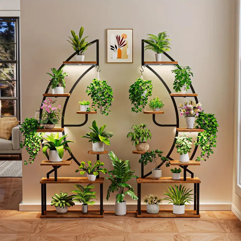 TOMORROW1pc 6-Tier Heavy-Duty Metal & Artificial Wood Plant Stand with Integrated Grow Light System, 68" Tall Indoor/Outdoor Large Plant Shelf, Corner Space-Saving Tower for Houseplants, Balcony, Patio - Ideal for Ferns, Succulents, Trees