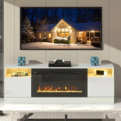 Modern 70-Inch Fireplace TV Stand With 36-Inch Electric Fireplace, LED Lighting, And Stylish Storage Cabinet For TVs Up To 80 Inches