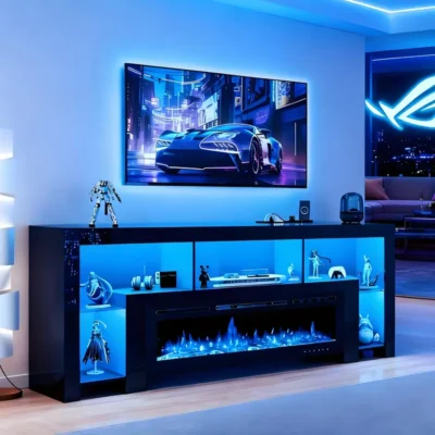 94.5″ Modern Electric Fireplace TV Stand for TVs Up to 100″ – 50″ Heated Fireplace with Realistic Flame, Plug & Play Media Console, Gaming/ Station, Shelves & Open Storage, MDF/Wood ( Plug) – Luxury Living Room