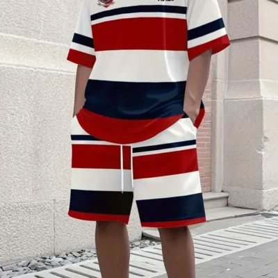 Summer outdoor street fashion Men’s 3D striped print T-shirt daily casual Men’s sports shorts T-shirt drawstring shorts Men’s suit