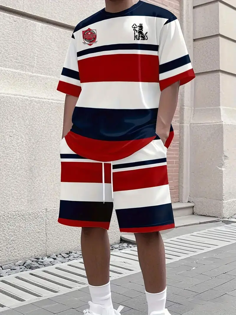 Summer outdoor street fashion Men's 3D striped print T-shirt daily casual Men's sports shorts T-shirt drawstring shorts Men's suit