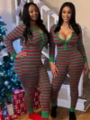 Women’S Christmas Striped Jumpsuit – Cozy Fleece-Lined Long Sleeve with Front Button Closure & Round Neck, Stretchy Pants for Holiday Parties & Casual Winter Outfits, Christmas Clothes