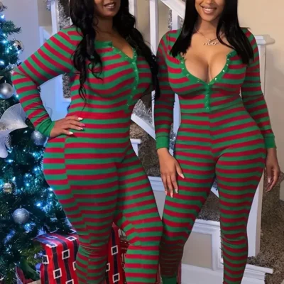 Women’S Christmas Striped Jumpsuit – Cozy Fleece-Lined Long Sleeve with Front Button Closure & Round Neck, Stretchy Pants for Holiday Parties & Casual Winter Outfits, Christmas Clothes