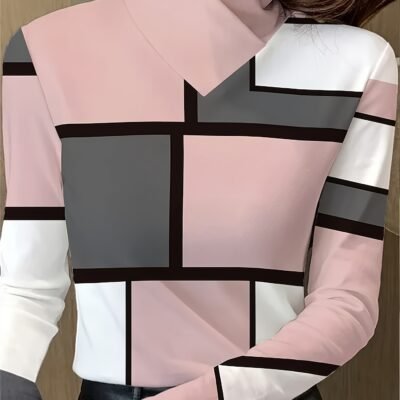 Women’s Casual Geometric Print Contrast Plaid V-Neck Long Sleeve Top – Soft Stretchy Fabric, Machine Washable, Spring & Autumn Essential in Pink/White/Black/Grey, Transitional Season Clothing, Easycare Fabric