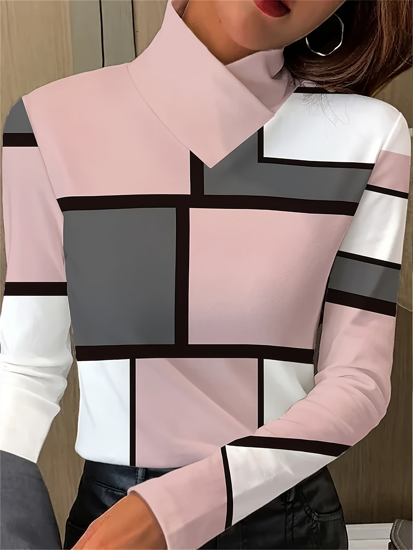 Women's Casual Geometric Print Contrast Plaid V-Neck Long Sleeve Top - Soft Stretchy Fabric, Machine Washable, Spring & Autumn Essential in Pink/White/Black/Grey, Transitional Season Clothing, Easycare Fabric