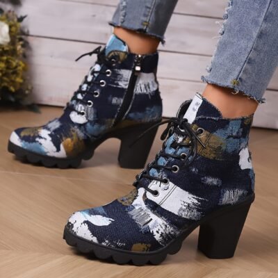 2023 Boots Short Boot Cowboy Breathable Fashion Chunky Heel Thick Sole Distressed Lace-Up Side Zipper Women’s Shoes