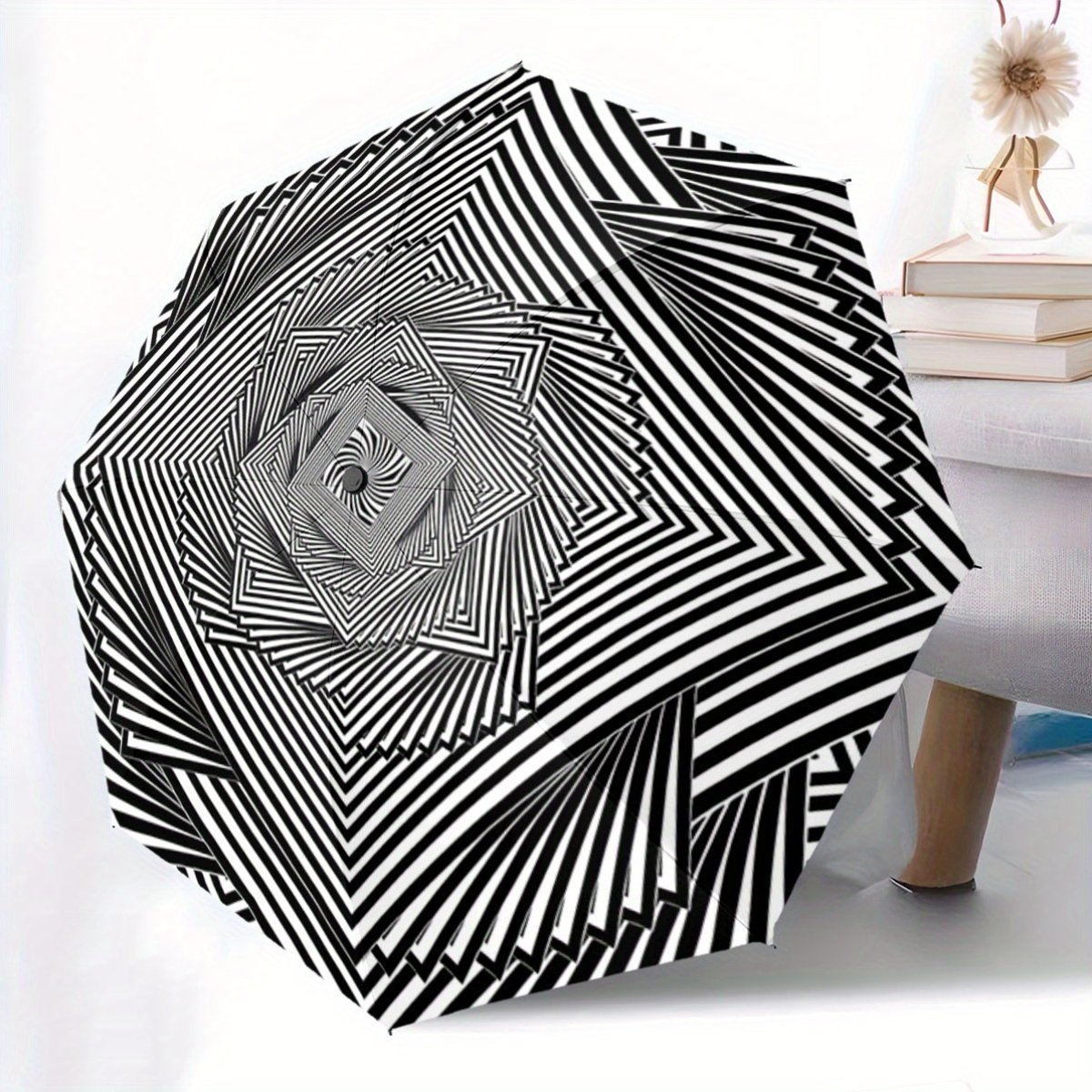 Automatic Open/Close Umbrella with One-Touch Button - Instant Open/Close, Compact Folding Design, Portable Collapsible Umbrella with 8-Rib Stability for Wind Resistance - All-Season Everyday & Formal Use - Ideal Gift for Christmas, Birthday, Travel - Black & White Optical Illusion Pattern, Outdoor Accessory, Modern Accessory, Durable Canopy, Fashion Lovers, Best for Christmas - Image 2