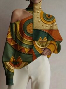 Plus Size, Women's Bohemian African-Inspired Geometric Print Off-Shoulder Sweater - Golden/Green/Black/Golden//Green/Golden/Brown All-Over Pattern, Asymmetrical High-Neck Pullover Sweater for Fall/Winter, Casual & Party Wear (Machine Washable)