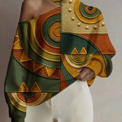 Plus Size, Women’s Bohemian African-Inspired Geometric Print Off-Shoulder Sweater – Golden/Green/Black/Golden//Green/Golden/Brown All-Over Pattern, Asymmetrical High-Neck Pullover Sweater for Fall/Winter, Casual & Party Wear (Machine Washable)