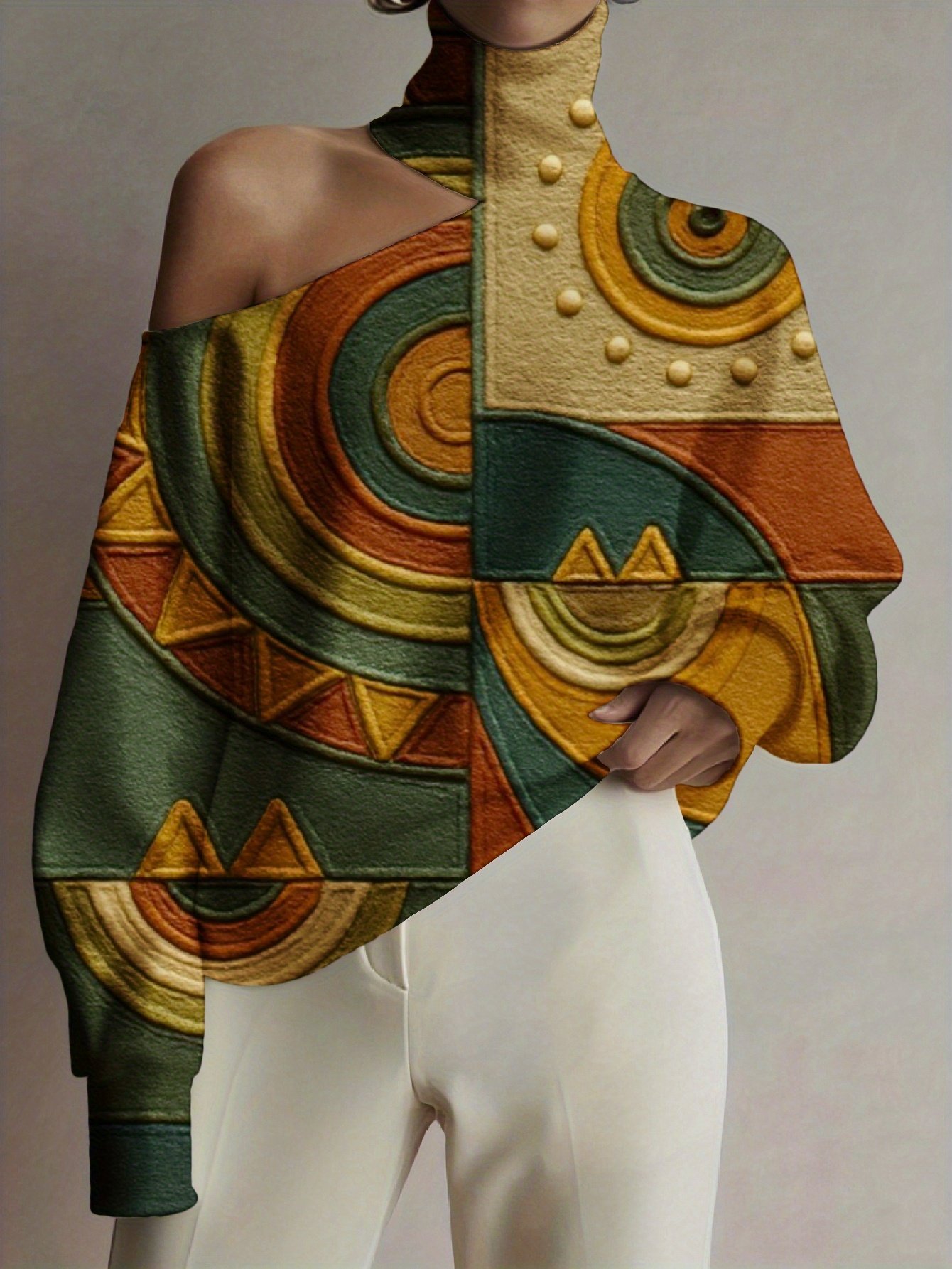 Plus Size, Women's Bohemian African-Inspired Geometric Print Off-Shoulder Sweater - Golden/Green/Black/Golden//Green/Golden/Brown All-Over Pattern, Asymmetrical High-Neck Pullover Sweater for Fall/Winter, Casual & Party Wear (Machine Washable)