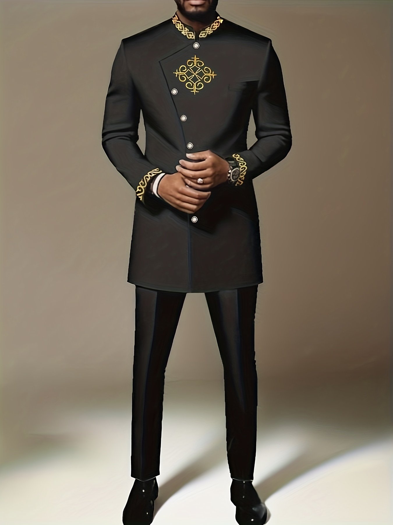 Men's 2pcs Suit Set, Embroidered, Stand Collar, Long Sleeve, Button-Up Shirt with Slit Hem, Drawstring Elastic Waist Pants, New Four-Season Style, 1 Set, for Office, Formal Occasions, Dating, Business Trips, Weddings, Vacations, Party Outfits