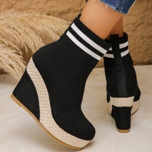 Women'S Slip-On Chunky Heel Ankle Boots - Round Toe & Wedge Design, Black Fabric Upper with White Striped Detailing, Elastic Rubber Sole for Winter Fashion & Casual Outfits, Winter Footwear, Trendy Boot Design