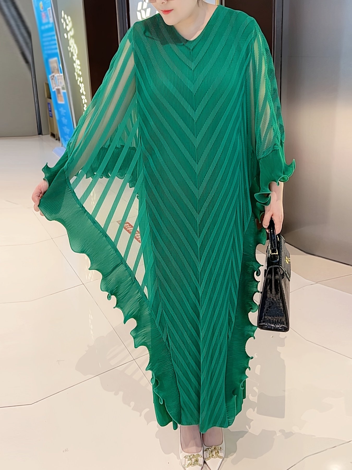 Plus Size Elegant Pleated Maxi Dress - White, Long Sleeve, V-Neck, Asymmetrical Hem, Petal Sleeve Design, Stylish and Comfortable for All Seasons, Allseason Dress|Elegant Pleated Dress|Stretchy Fabric - Image 4