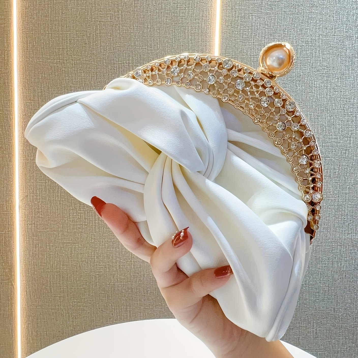 Elegant White Mini Clutch with Golden Rhinestone Crown, Removable Shoulder Strap, and Pearl Accents - Perfect for Evening Parties, Banquets, and Special Occasions, Ladies' Handbag - Image 5