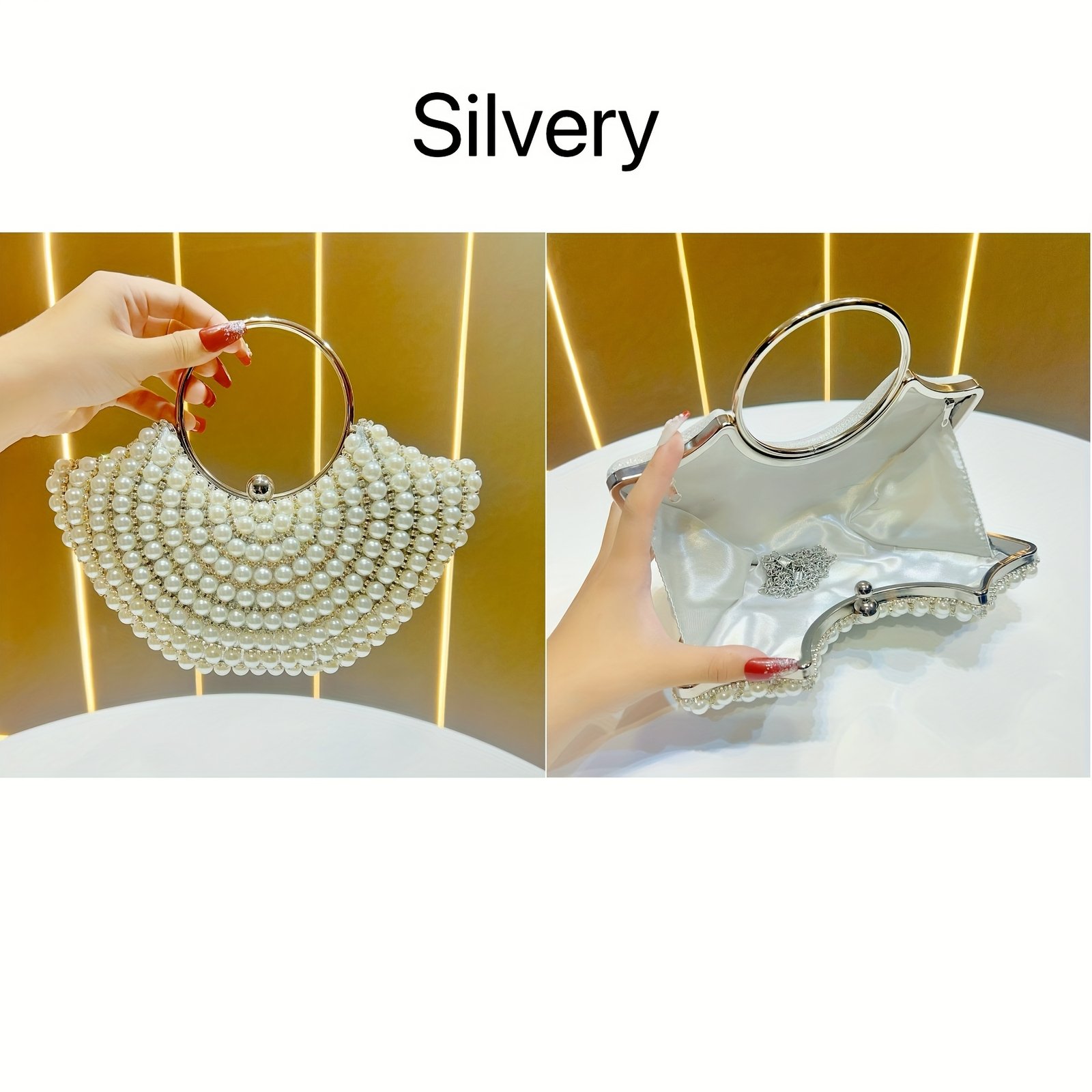 Elegant Women'S Pearl-Embellished Crossbody Bag with Detachable Shoulder Strap - Golden-Tone Metallic Strap, Beaded Detail, Versatile for Weddings, Daily Outings & Formal Events - Perfect Gift for Her, Wedding Accessory, Sophisticated Style, Pearl Embellishments - Image 6