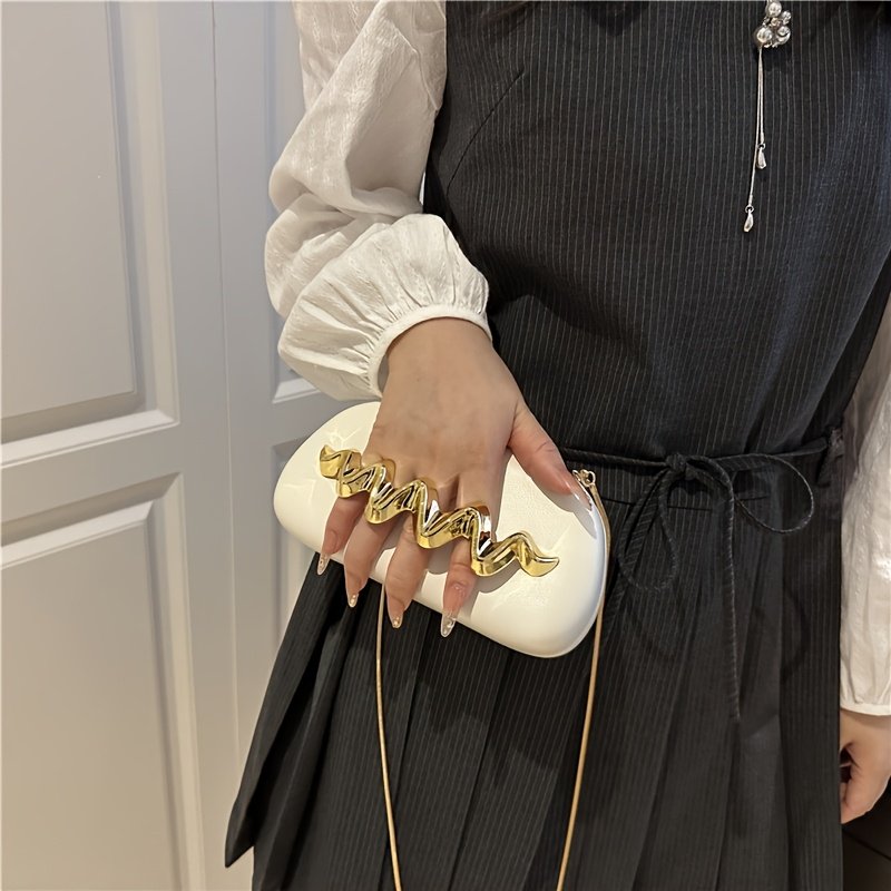 Women's Elegant Handbag Clutch Purse with Golden-Tone Snake Chain Strap - Multi-Way Crossbody/Handheld, Acrylic Shell & Buckle Closure, White/Golden/Coffee Brown/Black - Wedding, Party, Gala Accessory - Luxury Hand Carry Shoulder