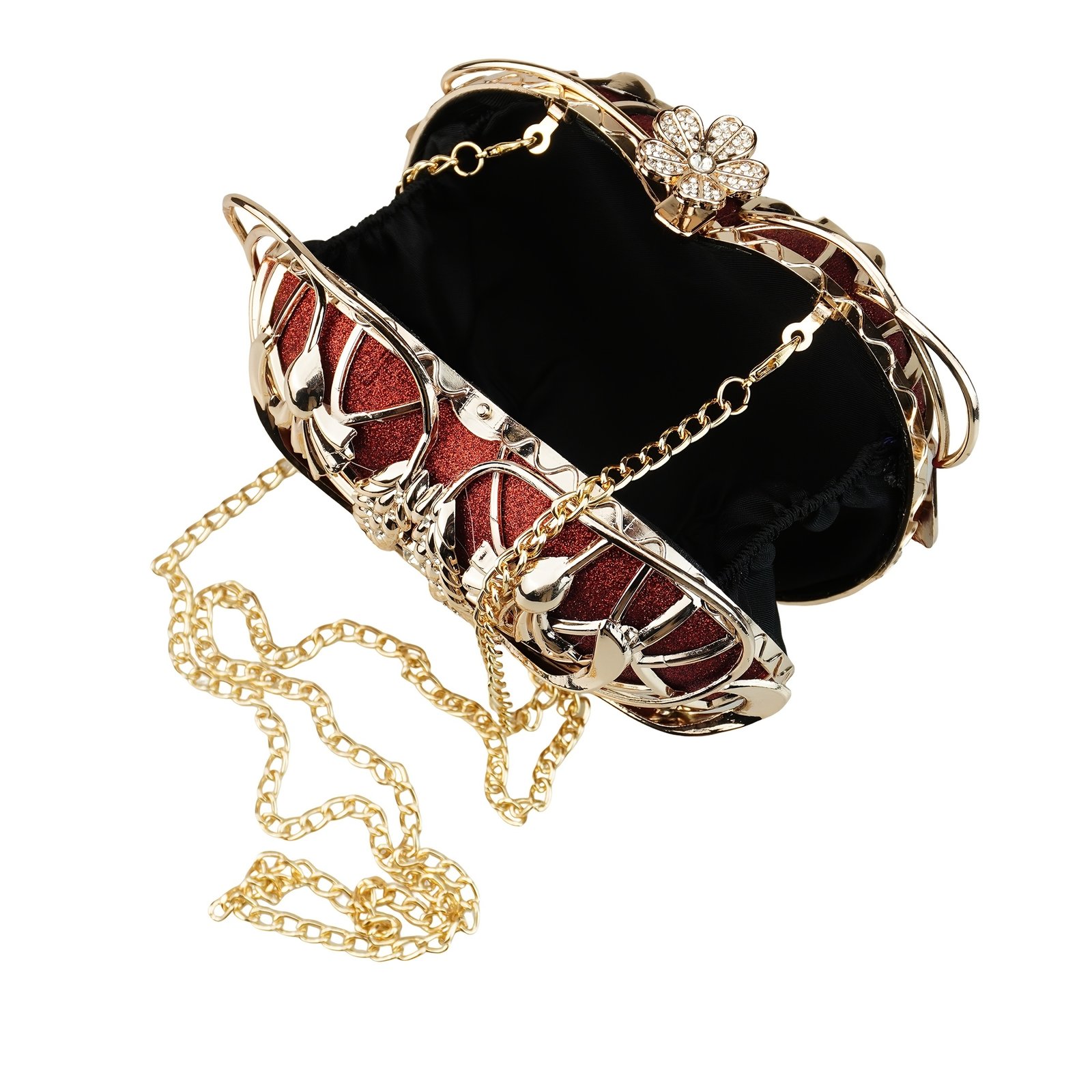 Luxury Red Rhinestone Apple Clutch - Elegant Floral Design Metal Handbag with Golden-Tone Hardware, Sparkling Crystals & Polyester Lining, Perfect for Evening Events, Gifts, and Christmas - Image 4