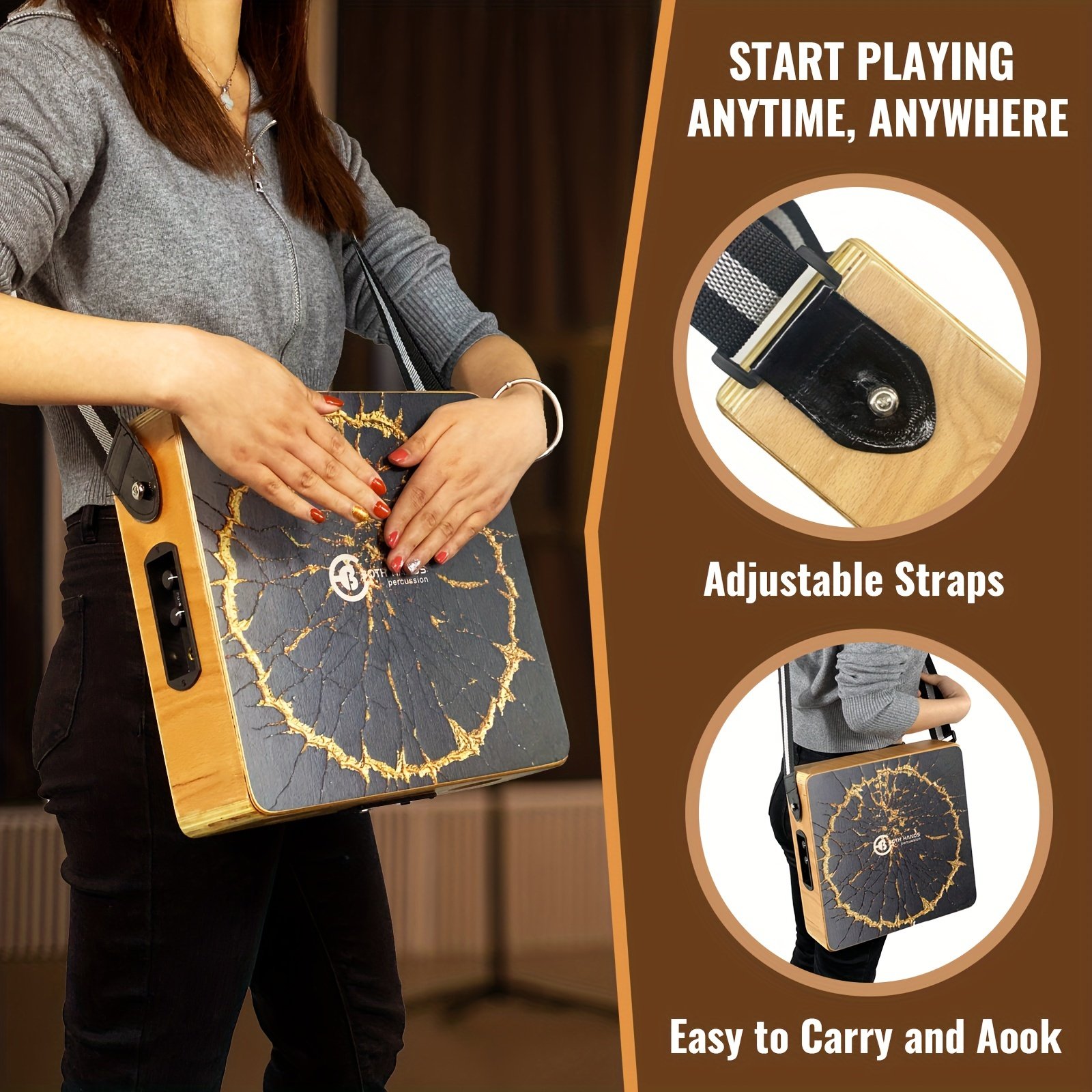 Portable Cajon Drum For Travel, Compact Wooden Percussion Box, Lightweight Electric Box Drum Cajon Tunable Plug-in Pickup