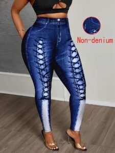 【imitation denim】Women'S Stylish And Elegant High-Waisted Butt-Lifting Printed Long Pants Resembling Faux Denim.