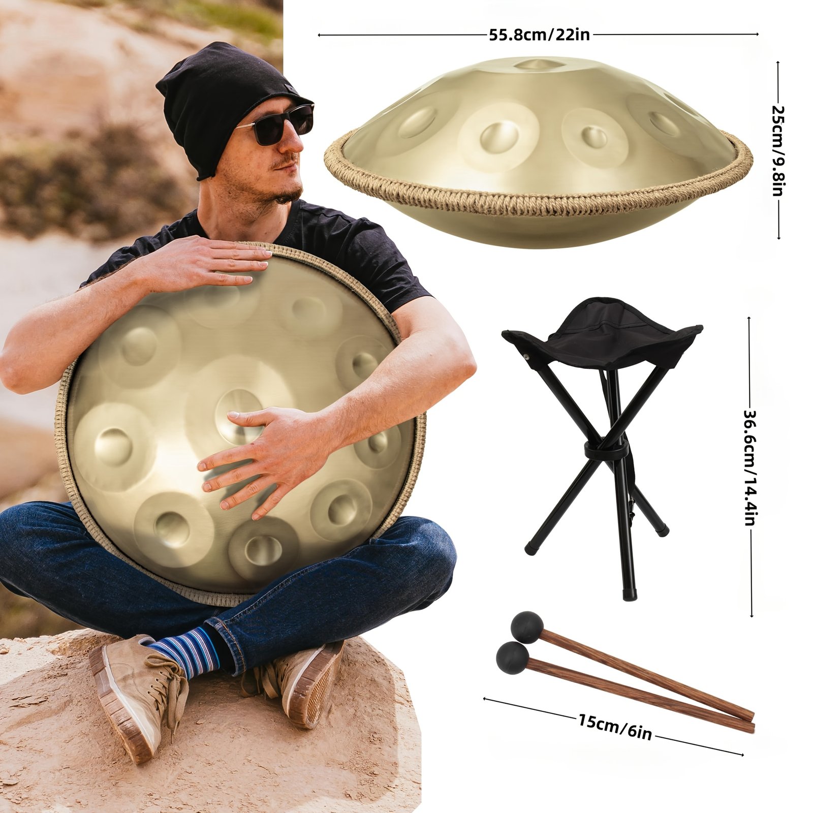 440Hz 10 Notes Handpan Drum, 22 Inch D Minor Kurd Hand Drum Instrument With Drum Bag, Dust-Free Cloth, Mallets, Stand, Sound Stickers For Adults Beginners, For Meditation, Music Therapy & Live Performances, Premium Steel