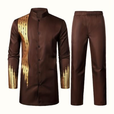 Men’S Casual Long-Sleeve Two-Piece Suit – Mid-Length Top & Trousers, Button Detail, Loose Fit, All-Season Wear, Traditional Cultural Attire, Formal & Everyday Outfits