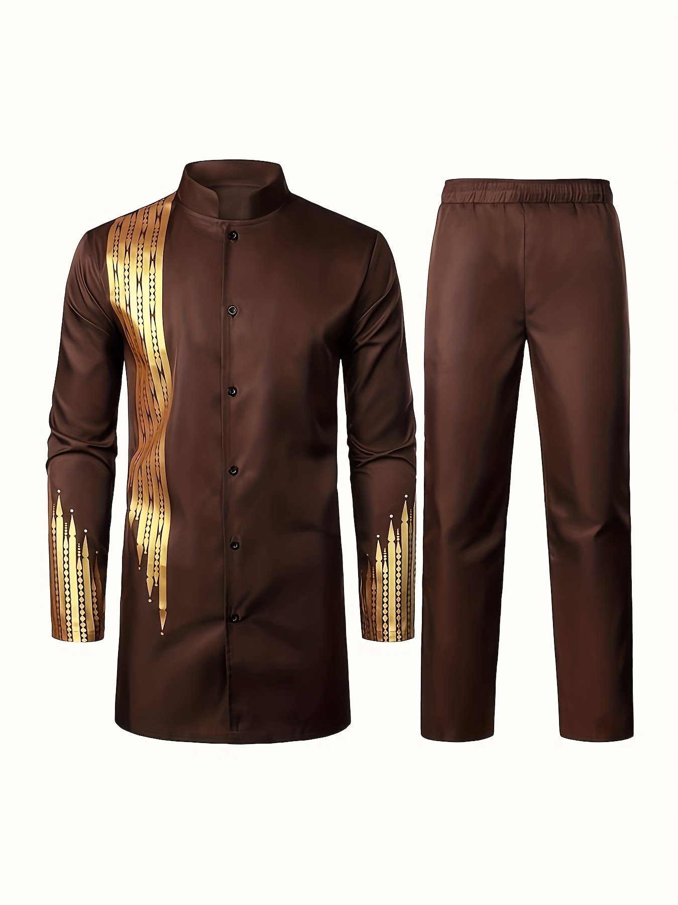 Men'S Casual Long-Sleeve Two-Piece Suit - Mid-Length Top & Trousers, Button Detail, Loose Fit, All-Season Wear, Traditional Cultural Attire, Formal & Everyday Outfits - Image 2