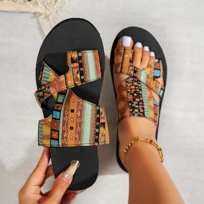 [Bohemian Slides] Comfortable Breathable Mesh Women’s Slides | Flat Open Toe Slippers with Colorful Geometric Cover Patches, Casual Summer Outdoor Activity Footwear, Black, Red, or Brown, Rubber Sole, Faux Cover Insole