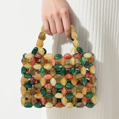Women’S Vintage Beaded Handbag – Elegant Open Top Purse with Beads in Green, Brown, Golden, Black, White, – Lightweight Acrylic Clutch for Wedding, Party, Everyday – No Closure Needed, Easy-Clean Maintenance, Party Accessory, Retro Aesthetic, Durable Construction, Fashion Accessory, Bridal Accessory, Beaded Bag, Beaded Purse