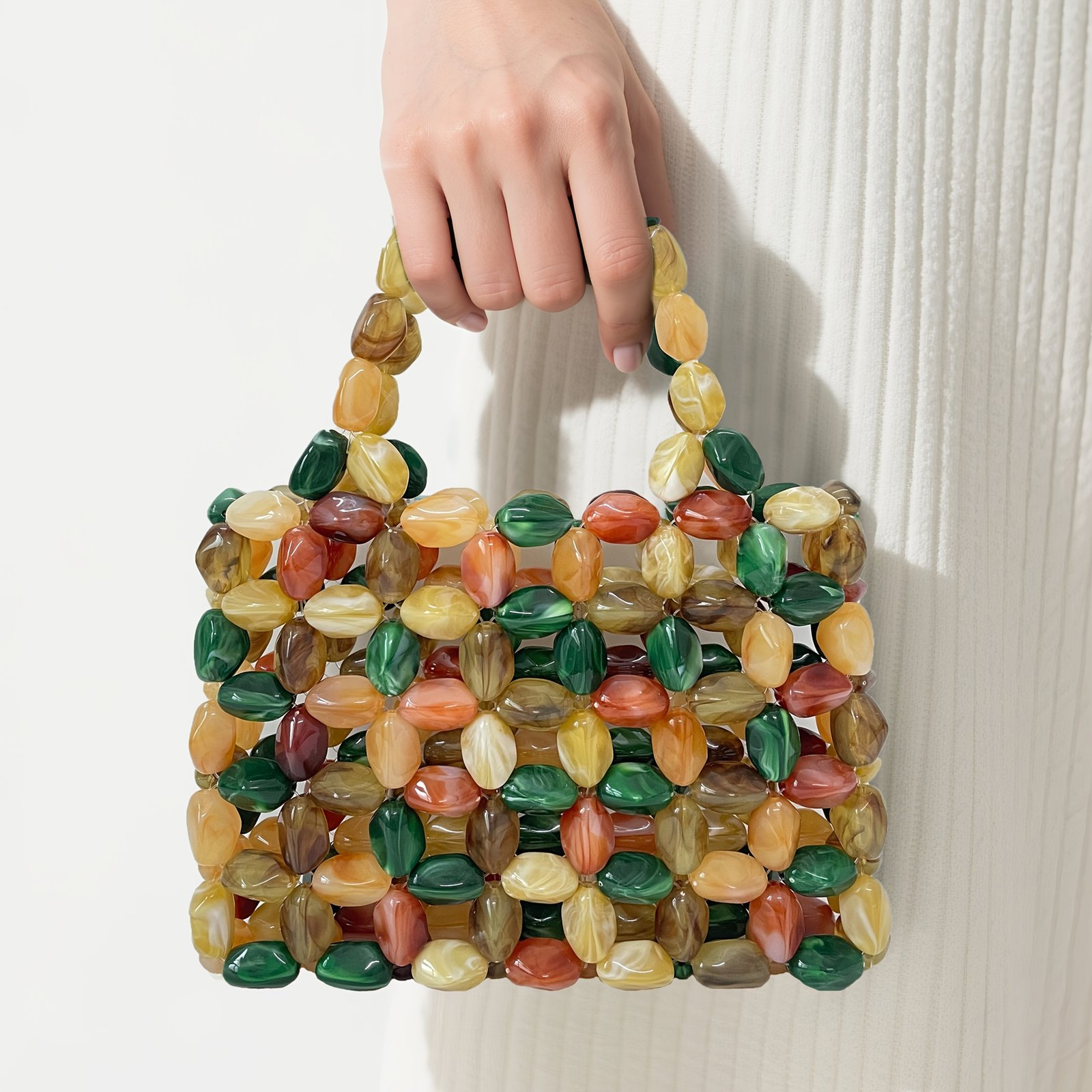 Women'S Vintage Beaded Handbag - Elegant Open Top Purse with Beads in Green, Brown, Golden, Black, White, - Lightweight Acrylic Clutch for Wedding, Party, Everyday - No Closure Needed, Easy-Clean Maintenance, Party Accessory, Retro Aesthetic, Durable Construction, Fashion Accessory, Bridal Accessory, Beaded Bag, Beaded Purse - Image 2